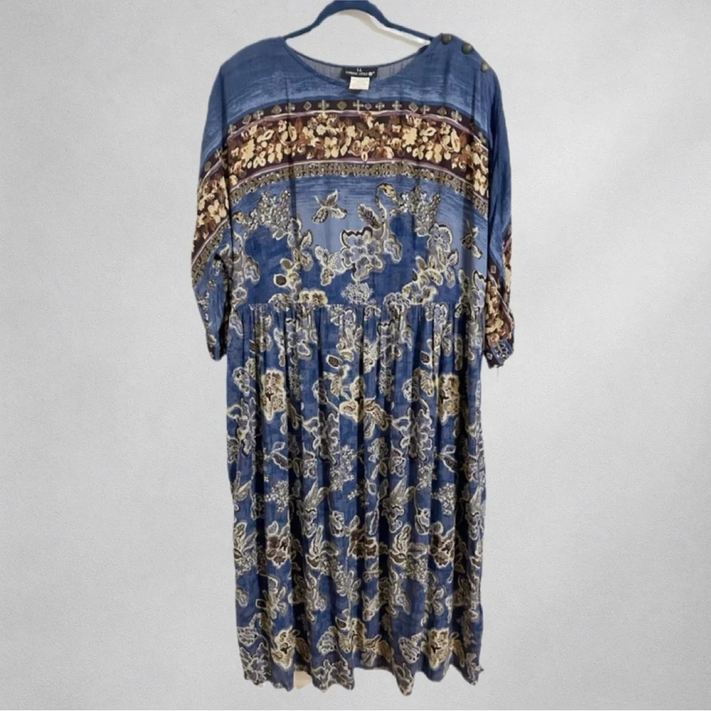 Vintage Carole Little Dress 20 Boho Floral Mid Dress Rayon Blue 11/4 - Picture 2 of 6